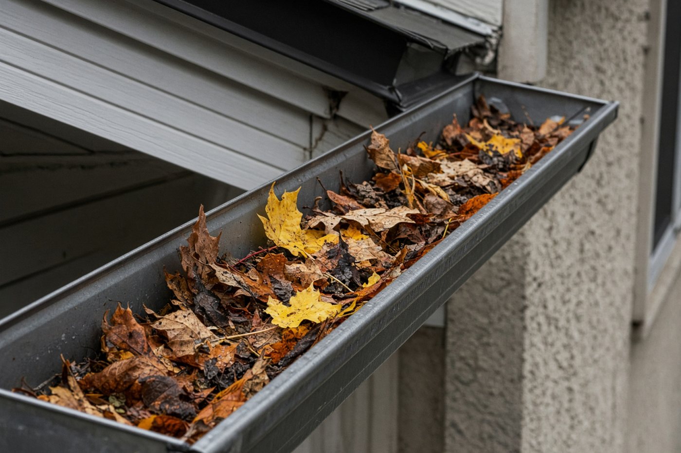 Fallen leaves collected inside an open metal gutter